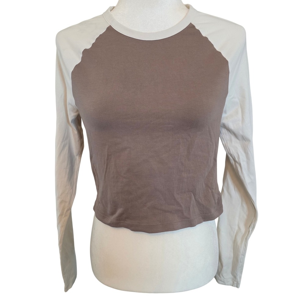 Victoria's Secret PINK Cropped Long Sleeve Raglan Tee Brown Cream Basic Medium